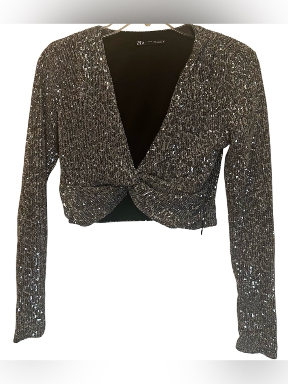 Zara Metallic Silver Twist-Front Long-Sleeve Crop Top